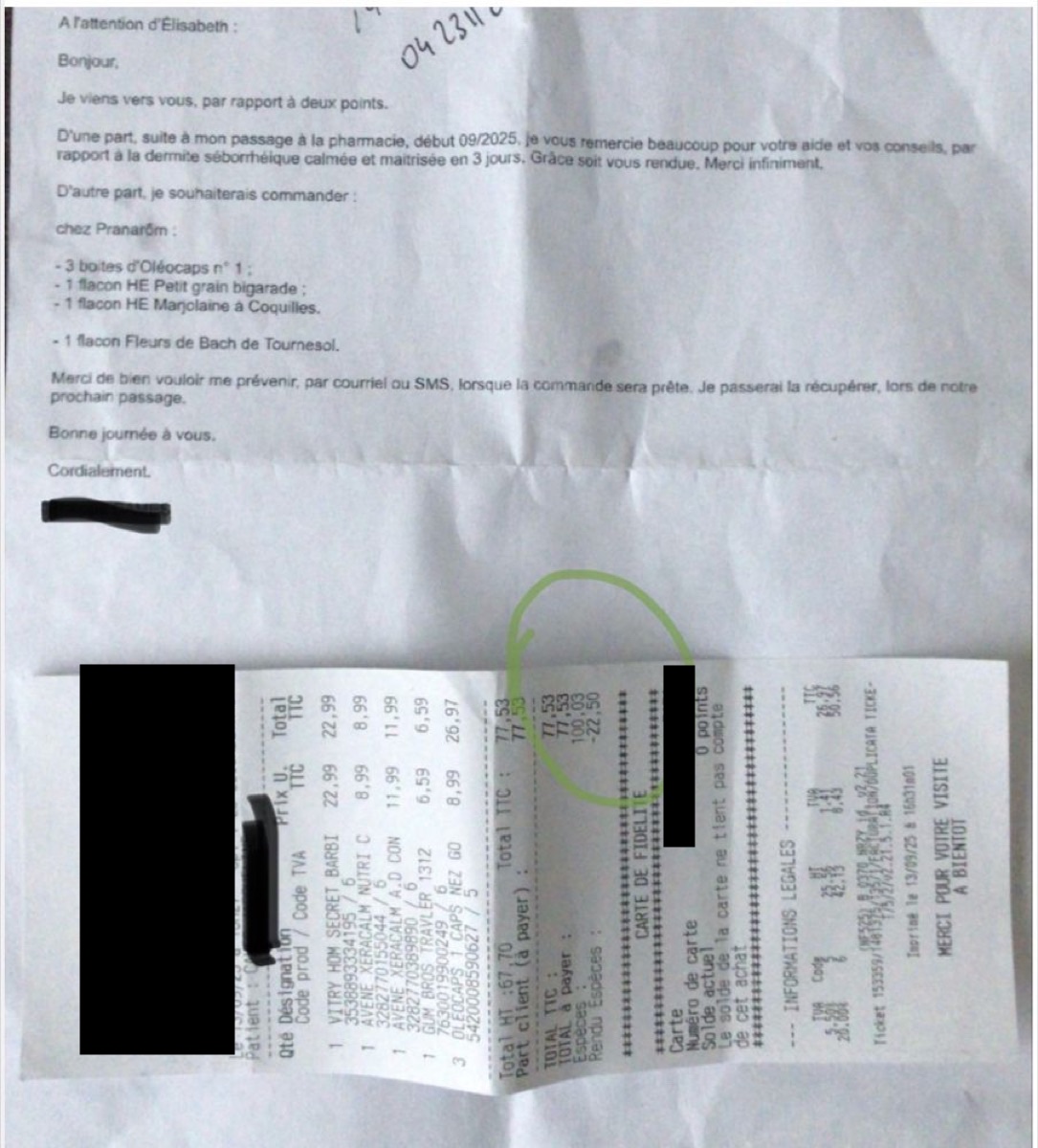 La lettre du patient et le ticket du 13 septembre (77,53 €)