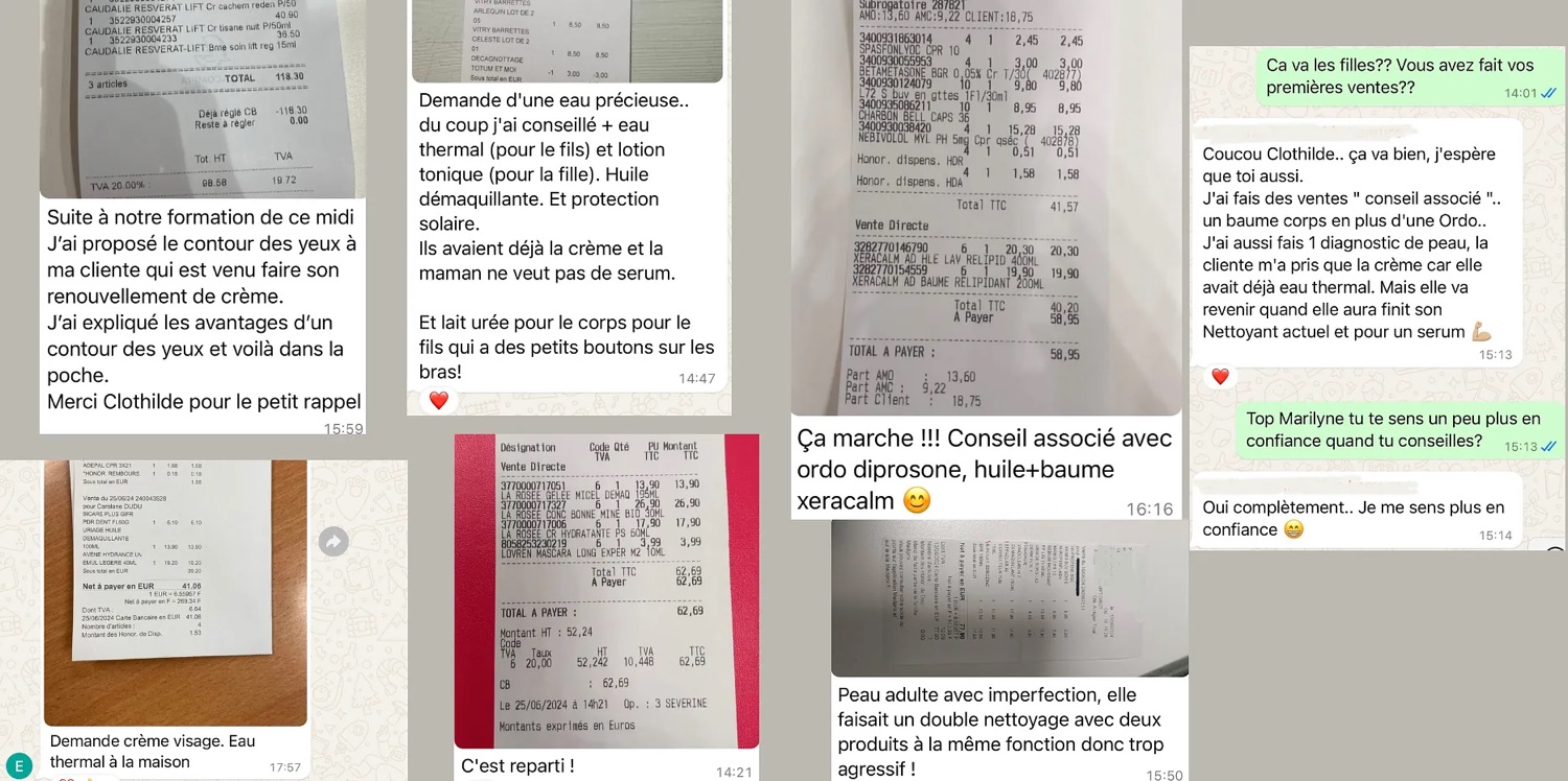 Messages de préparatrices annonçant leurs premières ventes en conseil associé après la formation