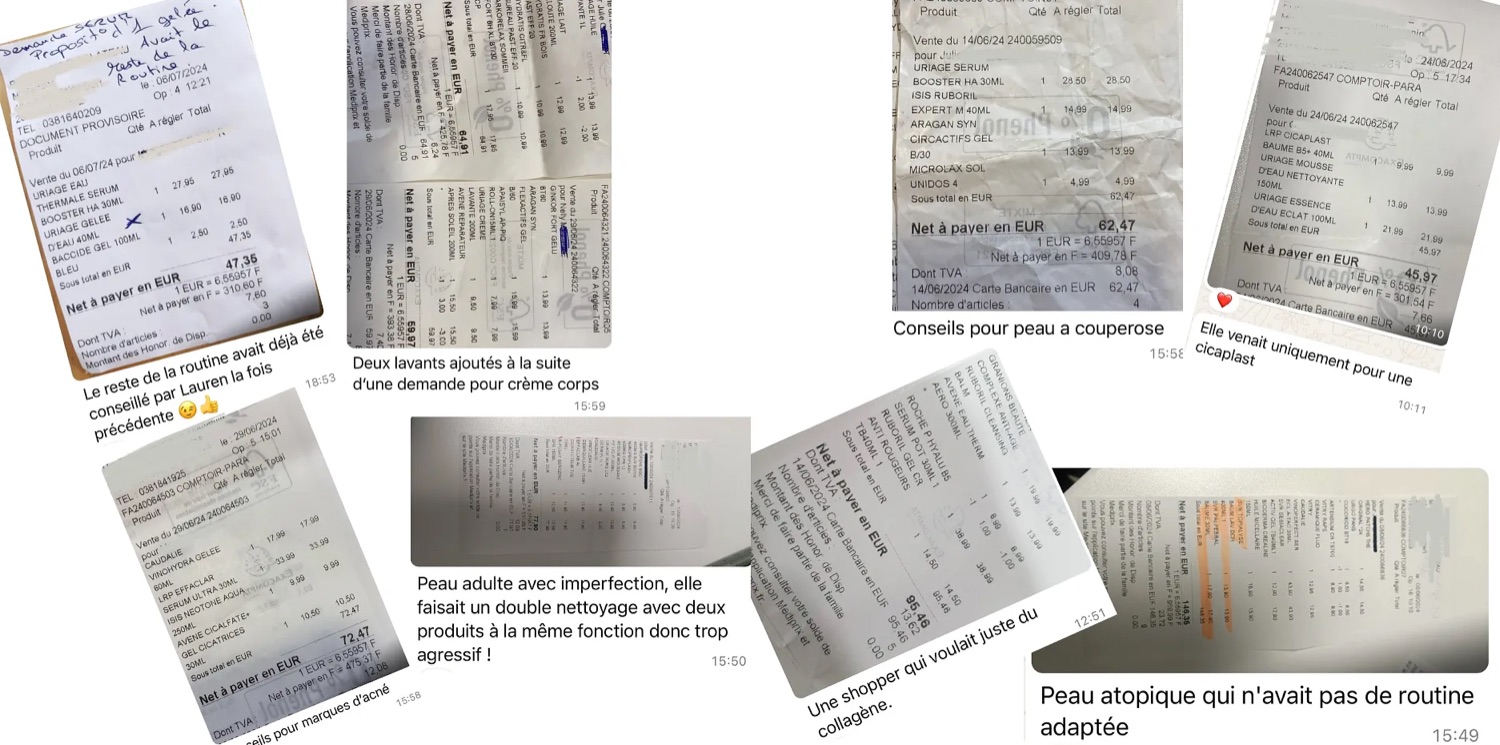 Tickets de caisse et retours des préparatrices sur les conseils associés réalisés au comptoir